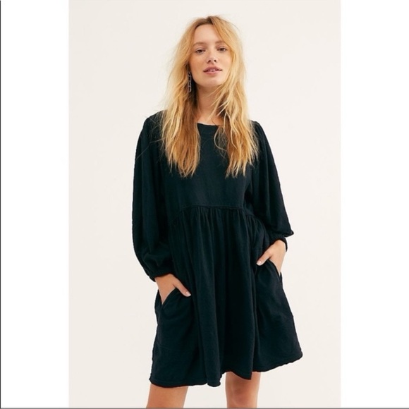 FREE PEOPLE Beach Get Obsessed Relaxed Gauzy Babydoll Mini Dress Black Sz Small - Picture 1 of 13